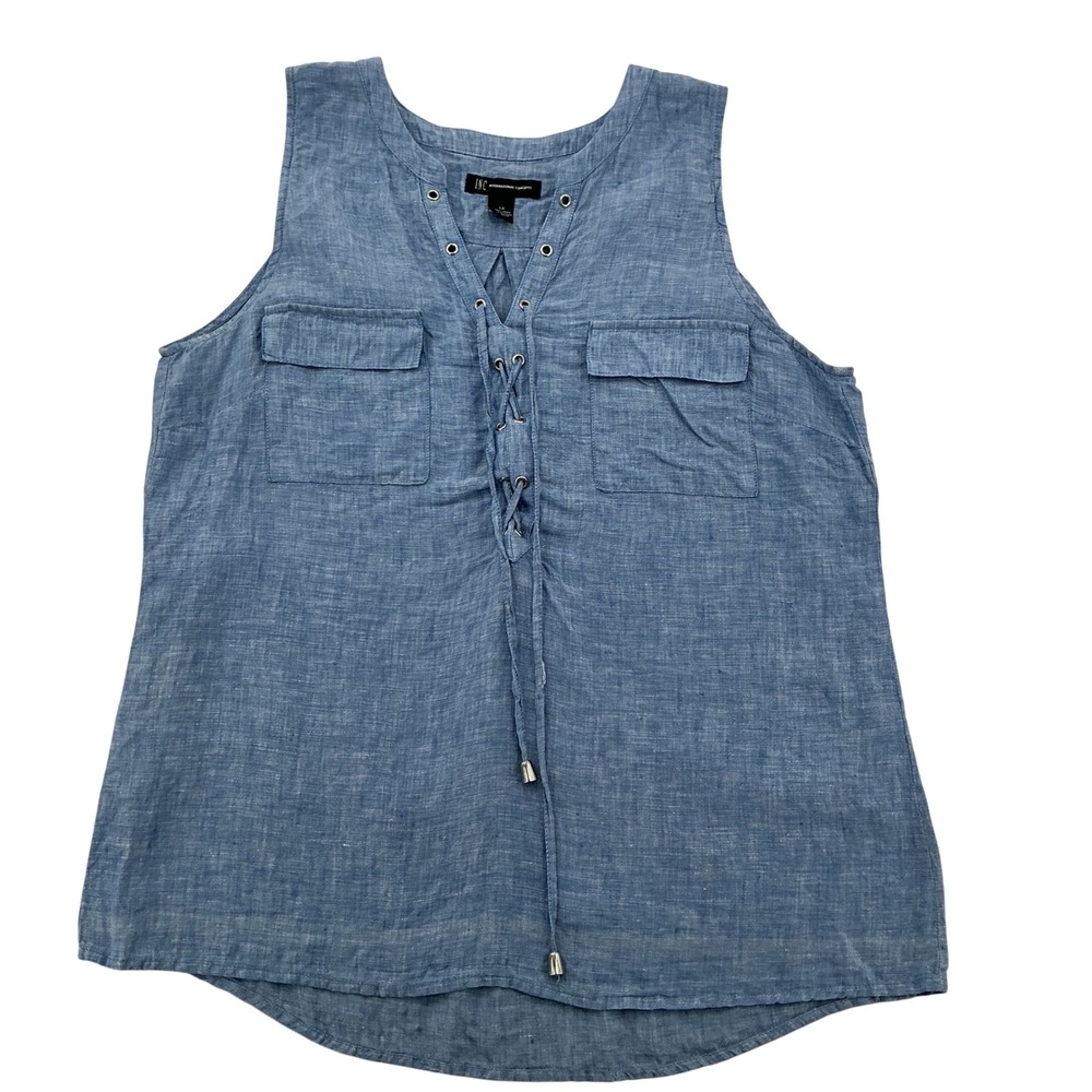 INC Linen Tank Top Women 14 Blue Lace Up Grommet Pockets Coastal Boho Sleeveless